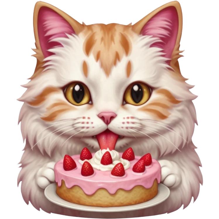Close-up portrait of a fluffy cat eating a strawberry cake, pink cream on its nose and whiskers, detailed fur texture, soft natural light, shallow depth of field, high resolution, cute and candid moment
 emoji