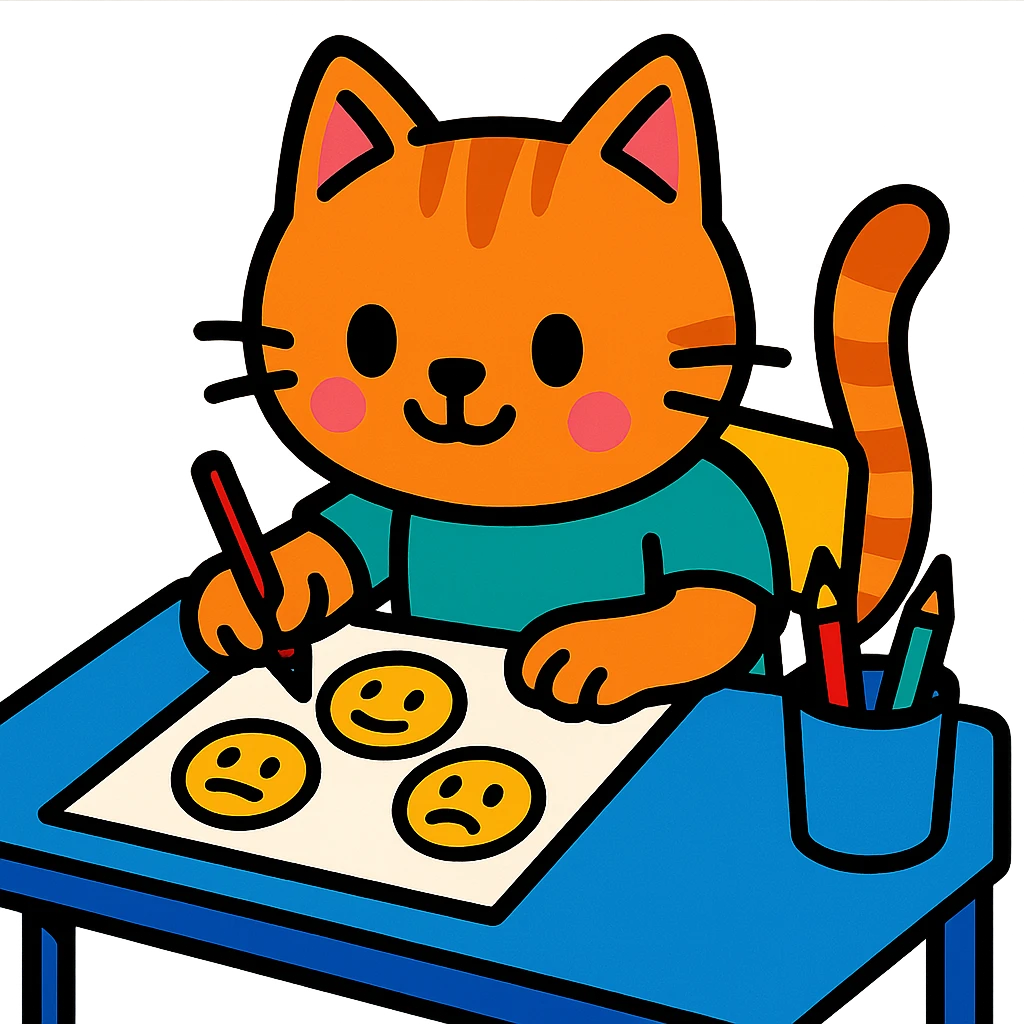 cute cartoon kitty sitting at a desk, drawing emoji faces emoji
