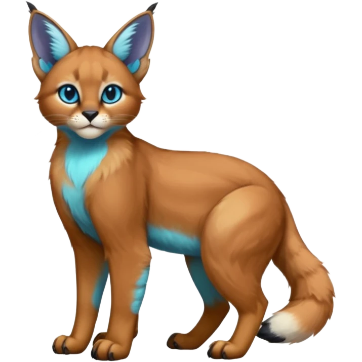 Colorful tropical blue exotic cute cool beautiful shiny beautiful fantasy-caracal-Cacomistle-Trico-oncilla-animal-Fakémon-hybrid-fursona (full body) emoji