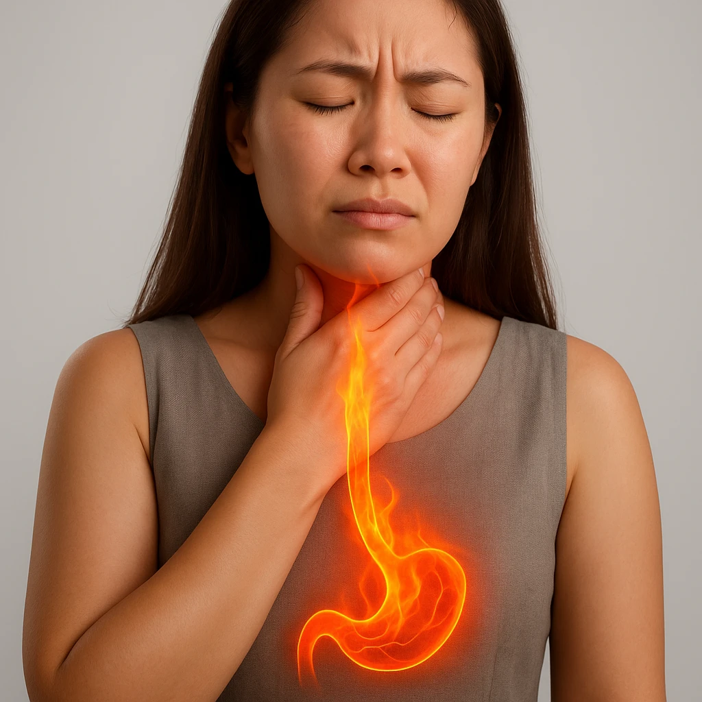 Realistic medical style image of a woman identical to the reference photo, hand on throat, expression of pain, with a flame or reddish effect rising from the stomach to the esophagus. emoji