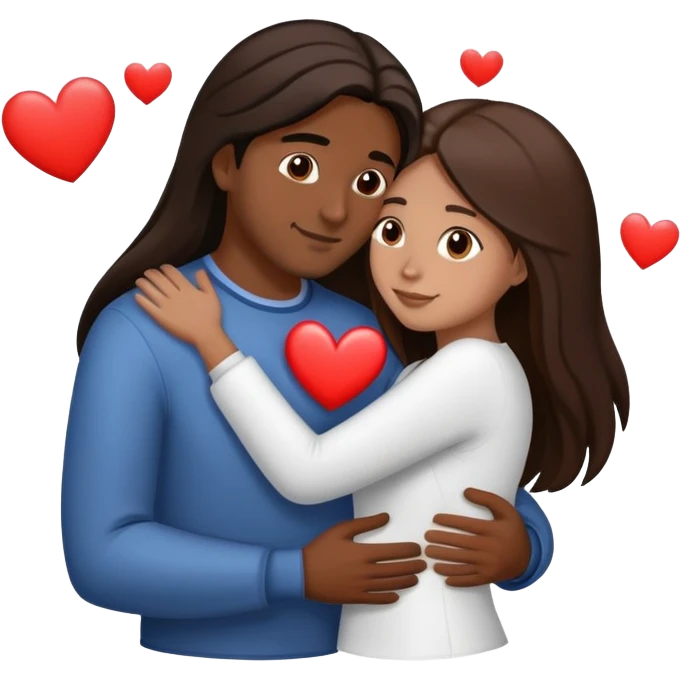 A couple hugging. The man has medium brown skin, dark brown slightly long straight hair. The woman has fair skin, long dark brown hair. White hearts around them. emoji