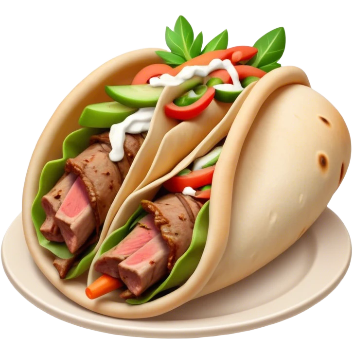Cinematic Realistic Gyros Dish Emoji, showcasing succulent, spiced meat wrapped in pita with fresh vegetables rendered with lifelike detail and dynamic, appetizing lighting. emoji