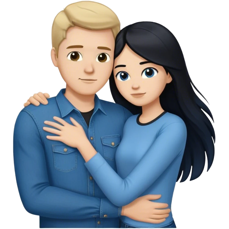 tall white guy wearing blue shirt and black jeans hugging a shorter white girl with long black hair with blue jeans and white shirt emoji