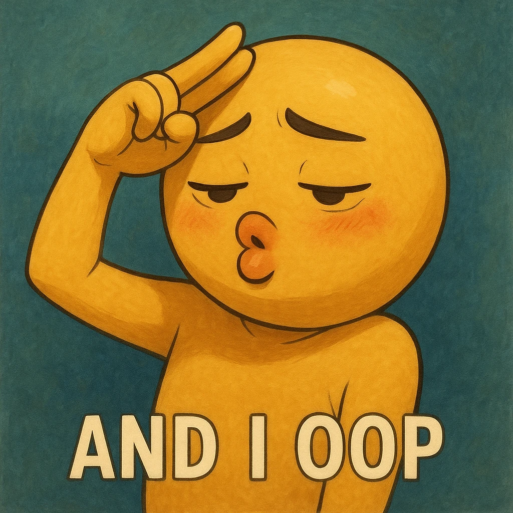 and I oop, slay energy, emoji with fingers to forehead like salute, "and i oop" meme, puckering lips, looking down, lowkey embarassed but still cool emoji