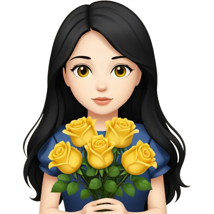 Beautiful girl with long black hair holding a bouquet of yellow roses emoji