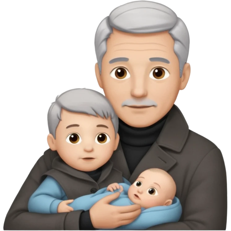 A father with silver-grey hair styled neatly and a clean-shaven face, wearing a dark turtleneck and wool coat, holding his baby emoji