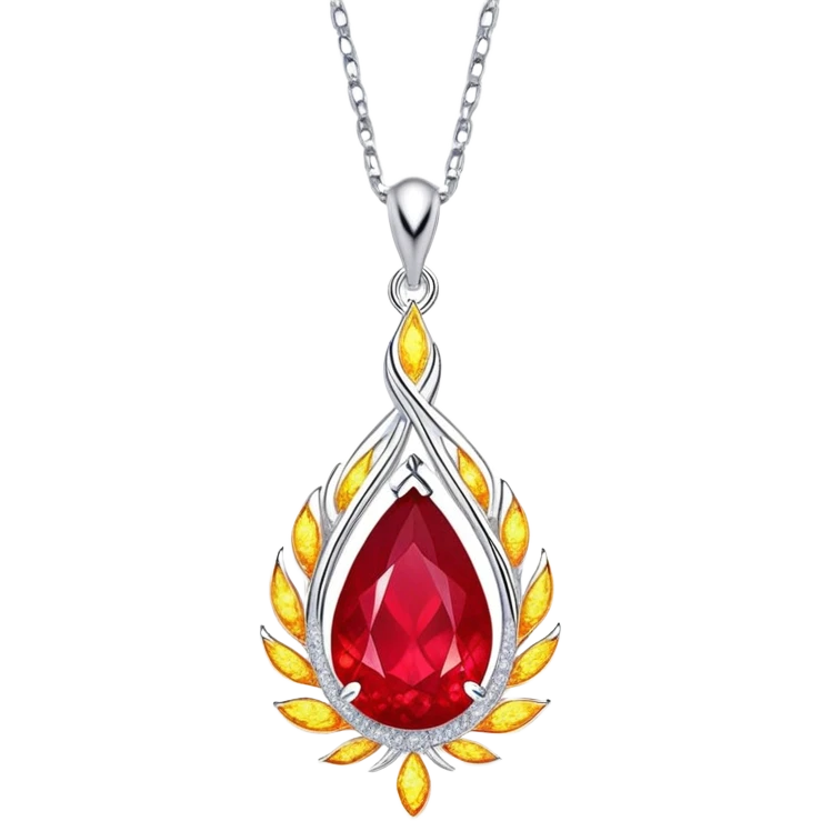 close-up teardrop ruby pendant with fiery light, yellow glow, tiny phoenix feather, shimmering white stones, silver chain emoji