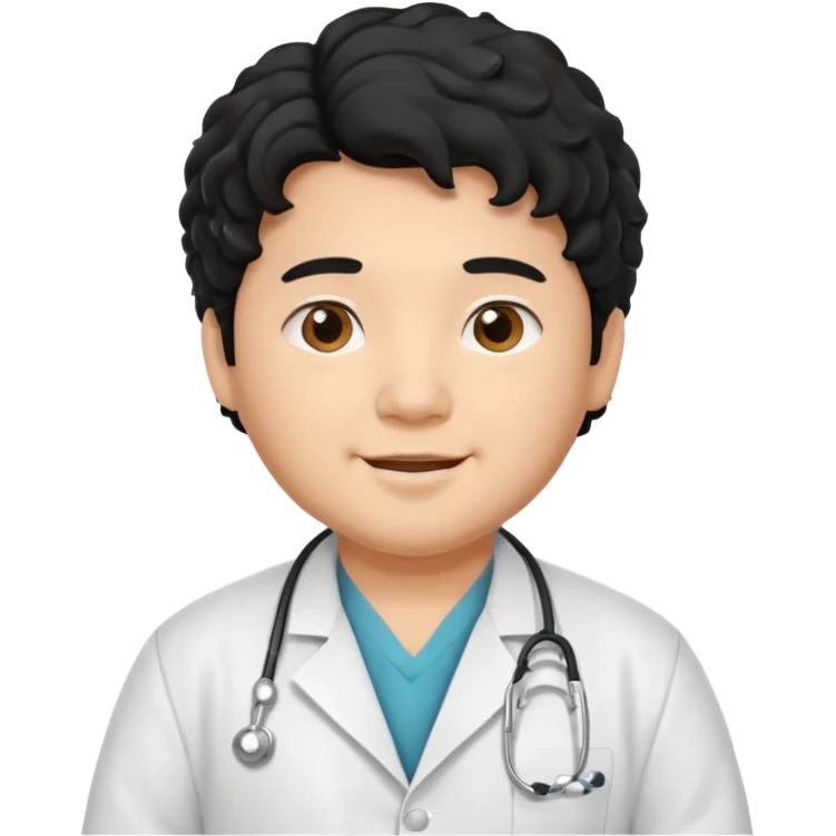 a young asian chubby male doctor with black long curly hair and cheerful face without gpasses emoji