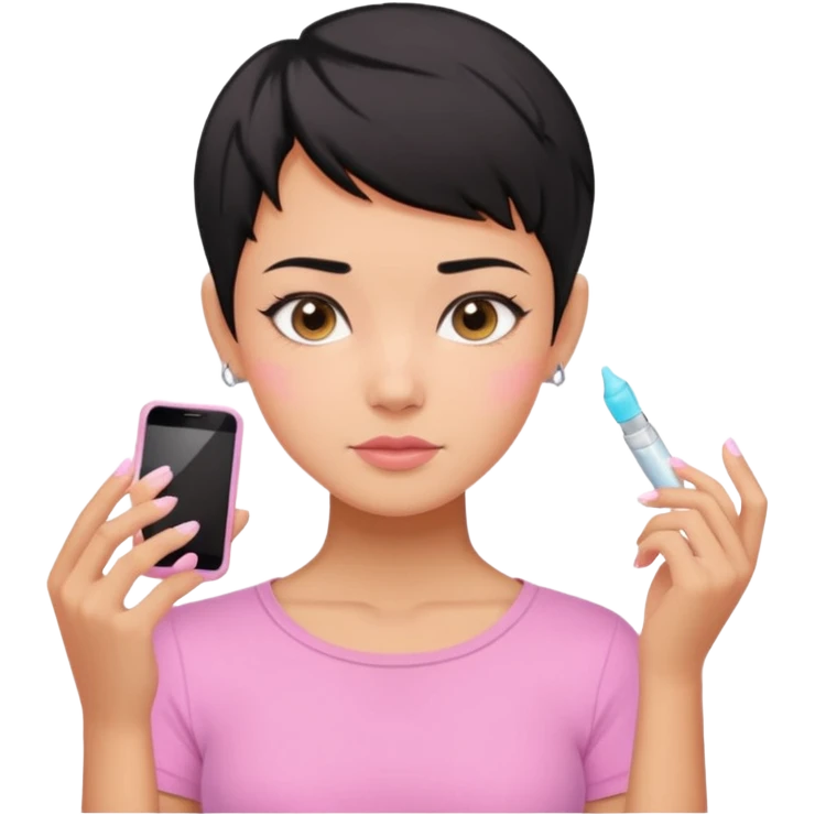 tan girl pink shirt with black hair & a pixie cut no earrings doing cute pastel colors skin care emoji