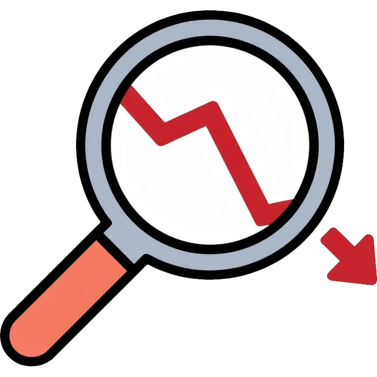 magnifying glass over a chart with downward trend emoji