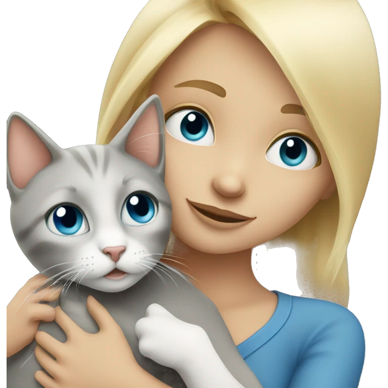 blonde girl hugs grey cat with blue eyes  emoji