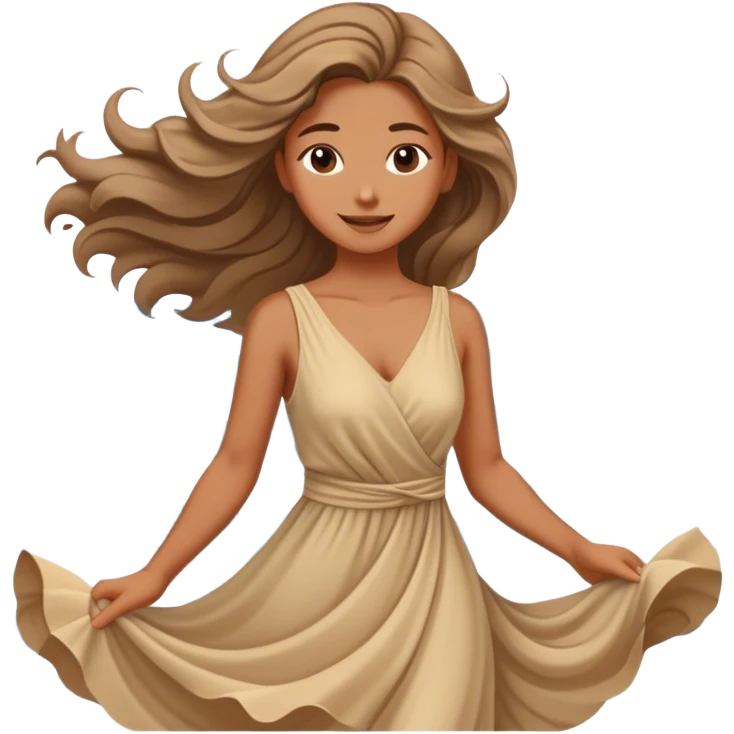 Girl in a flowing dress by the ocean, wind in her hair, a confident smile with beautiful finish. emoji