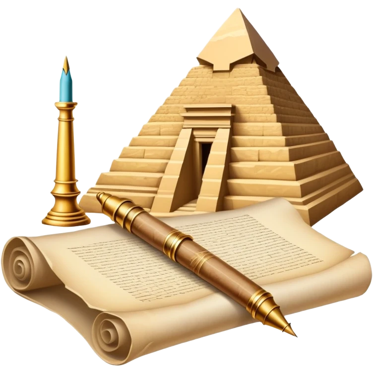 An icon showing a rolled parchment scroll, a quill pen, and ancient landmarks like pyramids and columns in the background. The design symbolizes the study of past civilizations, events, and heritage. Transparent background emphasizes the timeless exploration of human history. emoji