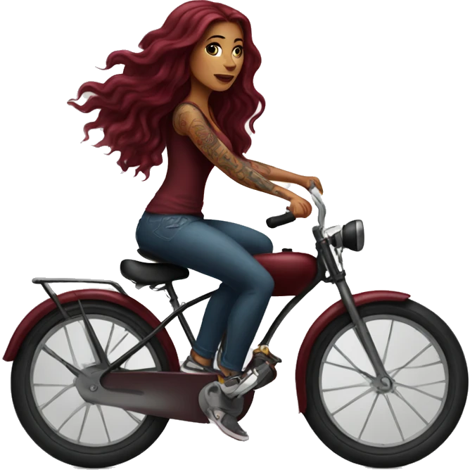 Beautiful tattooed  burgundy long haired woman riding a bike emoji