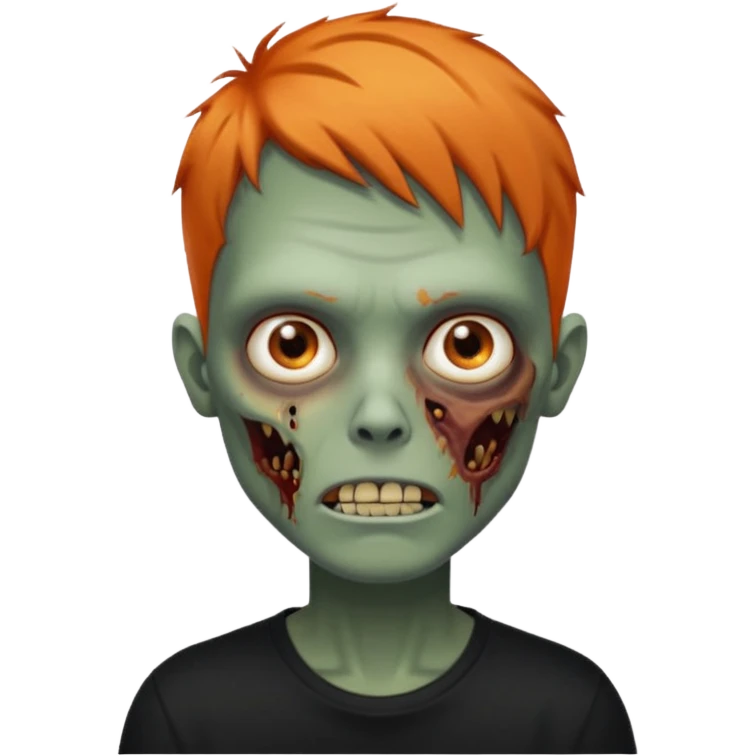 Faça uma zumbi com cabelos curtos e laranja, deve estar vestindo uma camisa preta e ter seus olhos castanhos emoji