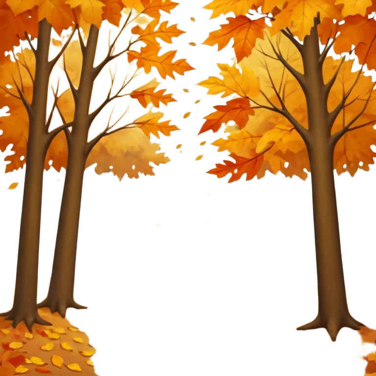 A peaceful autumn scene with golden and orange leaves gently falling from tall trees, soft sunlight filtering through the branches, leaves covering the ground, a gentle breeze in the air, cinematic atmosphere, warm color tones, 4K, ultra detailed, hyperrealistic, dreamy fall season landscape emoji