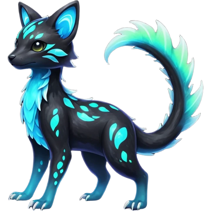Rare realistic black nebulae shiny sparkly dark-neon glowing bioluminescent edgy badass epic pretty beautiful handsome gorgeous aesthetic colorful vibrant Vernid-Trico-species-Fakemon-creature by LiLaiRa, 4 legs, 1 tail, random markings, (full body) emoji