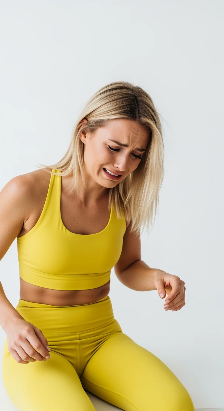DONNA FITNESS CHE PIANGE, ISOLATA SU SFONDO BIANCO emoji