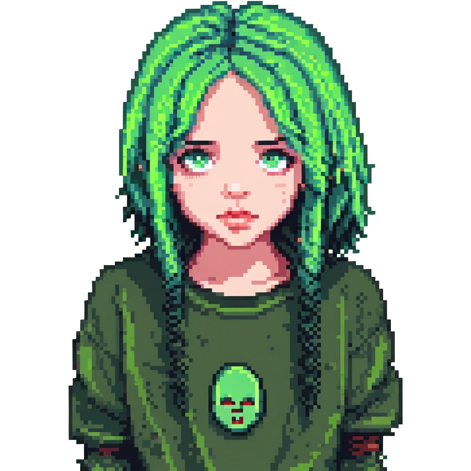 Billie Eilish with signature green and black hair, expressive face, pixel art style emoji