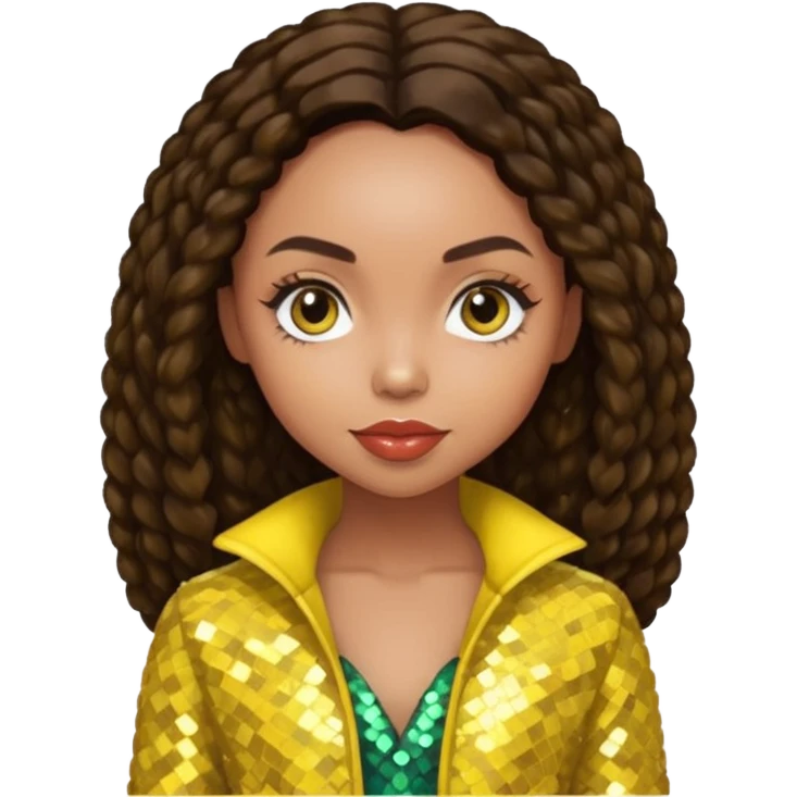 Logan Browning with long dark brown hair, yellow sequin outfit emoji