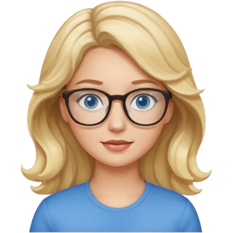 White girl with wavy, blonde hair, blue eyes, and glasses. emoji