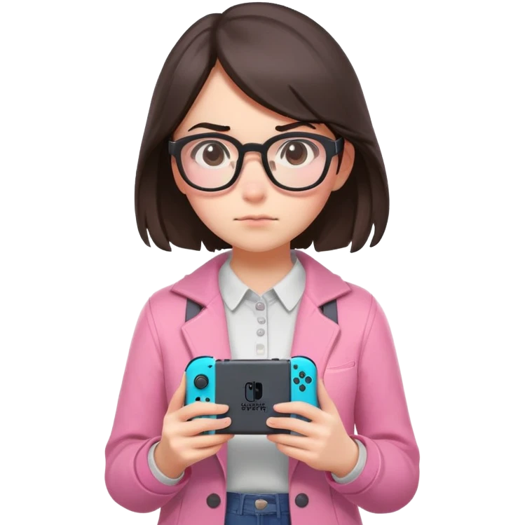 create an emoji of a sad brunette girl in glasses studio ghibli style holding a nintendo switch with a pink skin on it that is running fortnite emoji