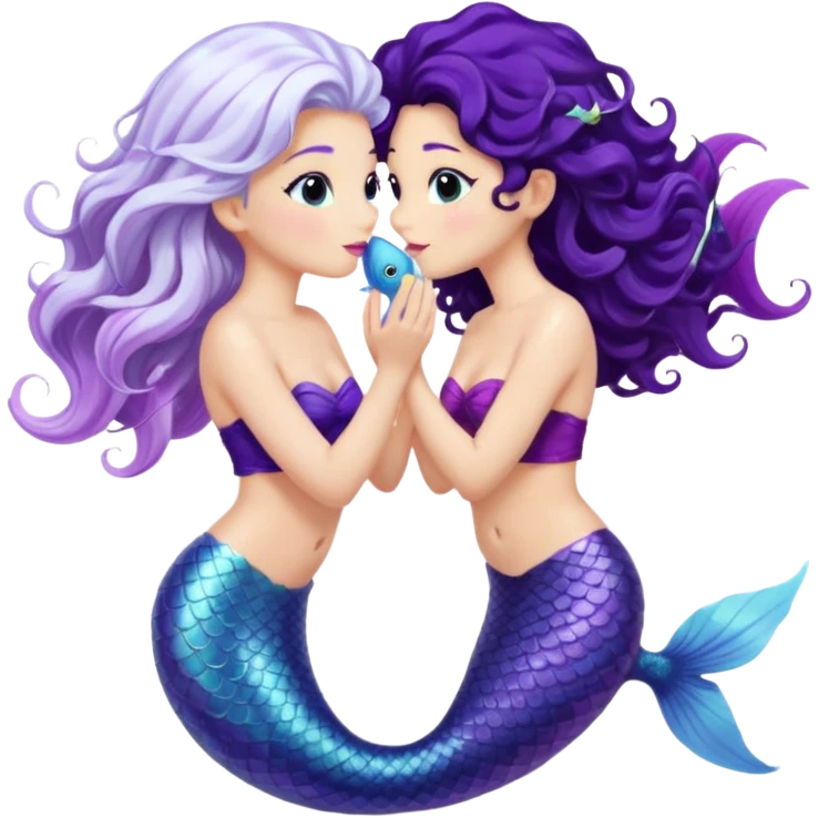 Tow mail marinades kissing one of them with white hair and white fish tale and the other one with black curly hair with purple fish tail  emoji