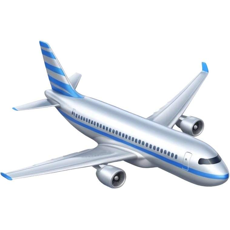 A 3D cartoon commercial airplane flying above clouds, silver body with blue stripes, smooth reflections, Memoji-style realism. emoji