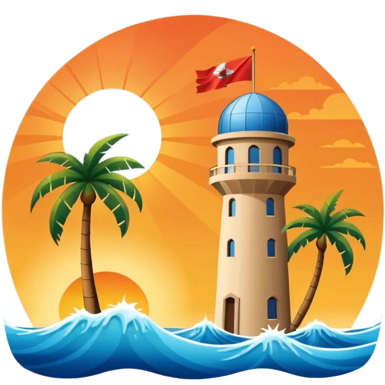 Create a flag that features the Khobar Water Tower in the Eastern Province of Saudi Arabia, with sea waves and a palm tree, set against a sunset background emoji