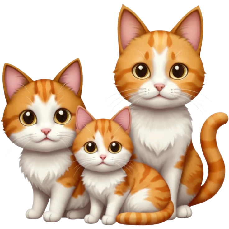 3 different coloured small cats including a dark brown tabby and white, and a patchy calico, and a ginger and white emoji