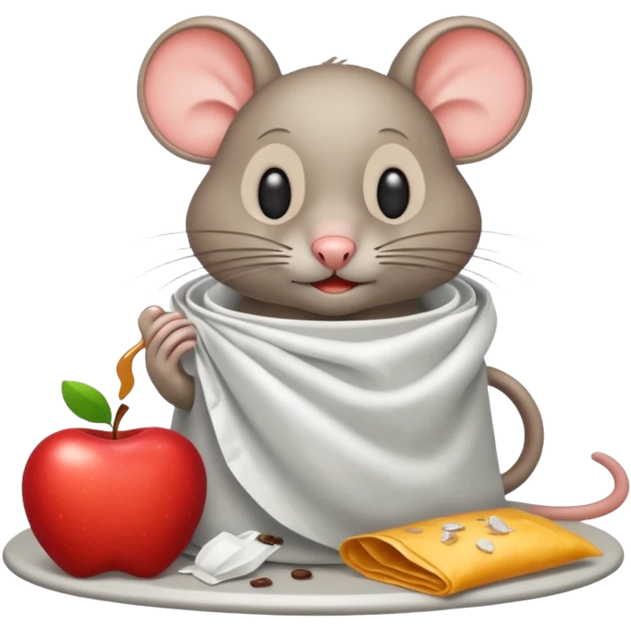 emoji-style icon of a diner with a coffee cup sign, trash bags, spilled food, flies, and a rat in the style of the apple emoji rat, unsanitary, clear at small size, no text emoji