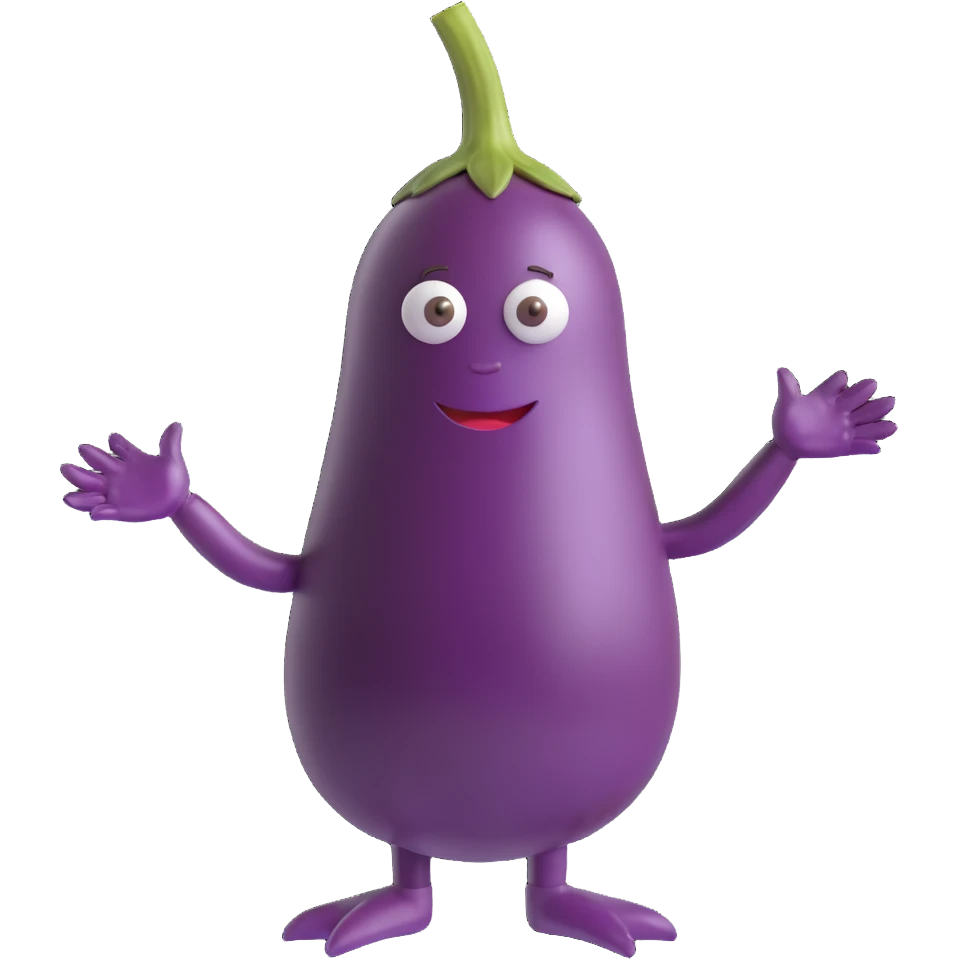 eggplant with human-like hands and legs, emoji style emoji