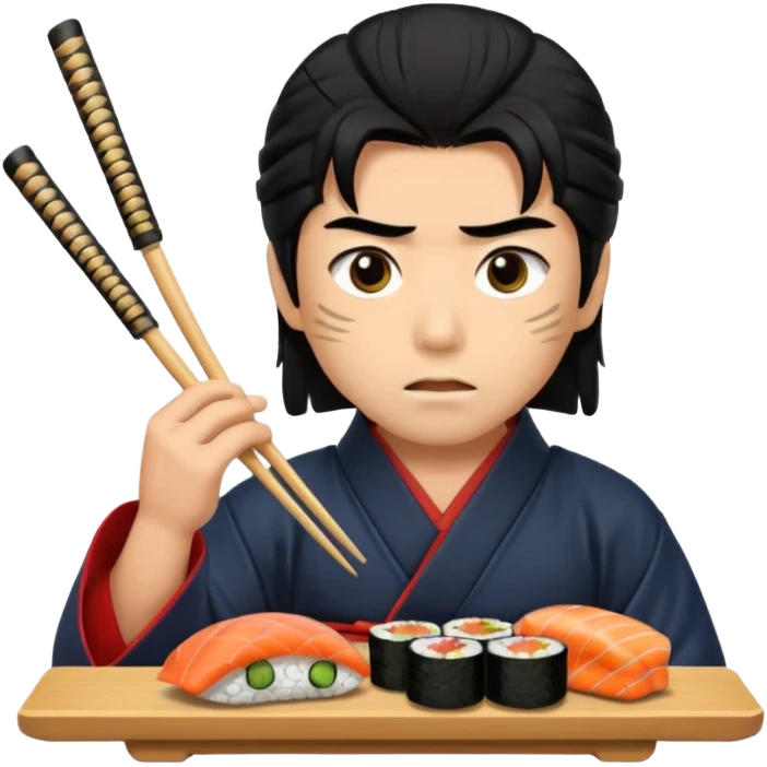 Man with wide eyes eating sushi in a samurai outfit wide eyes emoji