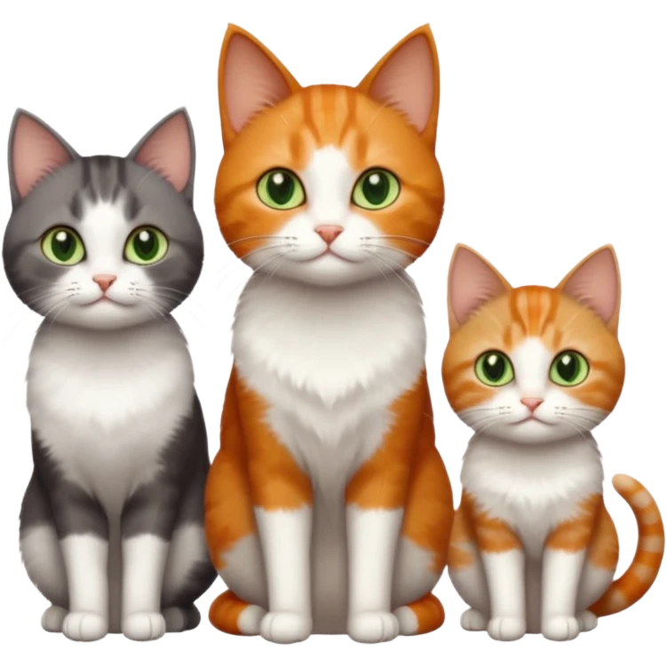 3 different coloured tiny short haired cats, including a dark grey and white cat with green eyes,and  a ginger and white with orange eyes and a brown tabby and white with hazel eyes emoji