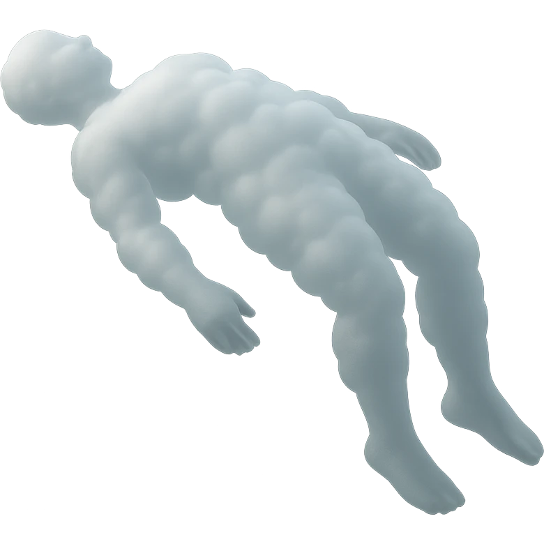 side view unconscious person flying with torso upwards, legs and arms downwards, made of bright white fluffy clouds, matte glass style emoji