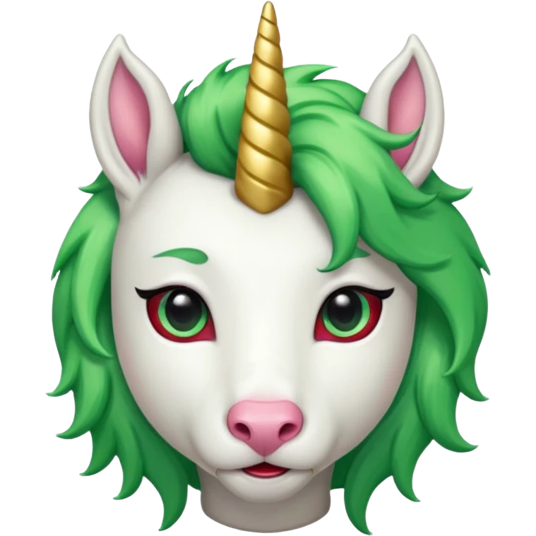 white furred unicorn with green hair and big red earrings looking into camera and spectacle emoji