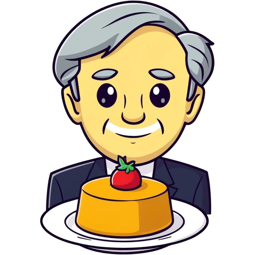 cartoonish sticker emoji of a flan dessert shaped like François Fillon's face, expressive features, playful lighthearted style emoji