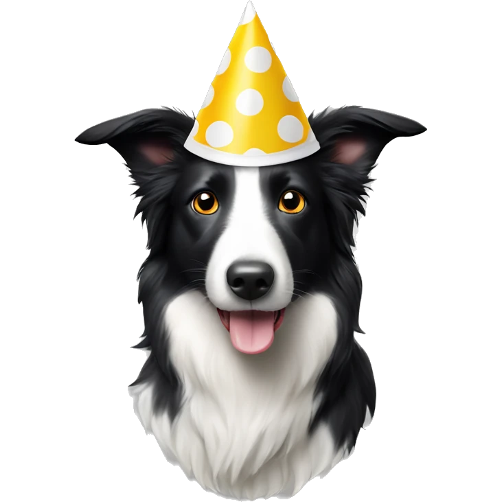 A black and white polka-dotted Border Collie wearing a party hat.   emoji