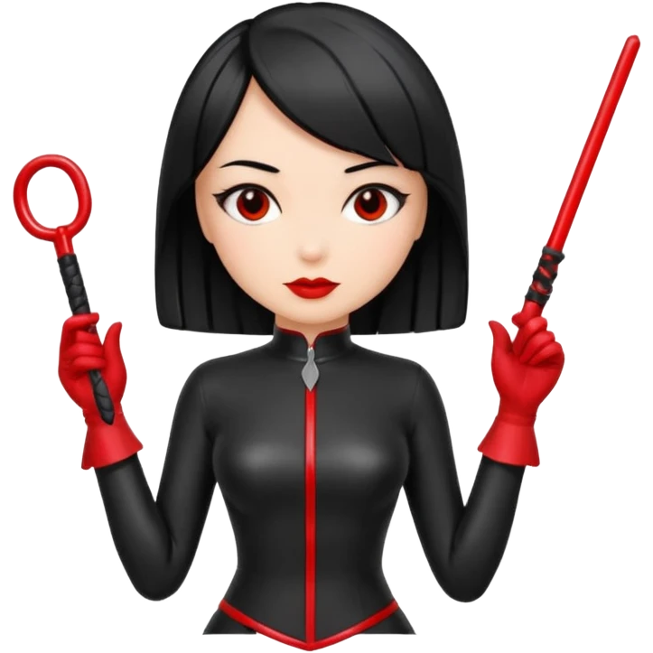 madam with straight bob black hairstyle in black latex with red whip in hand emoji