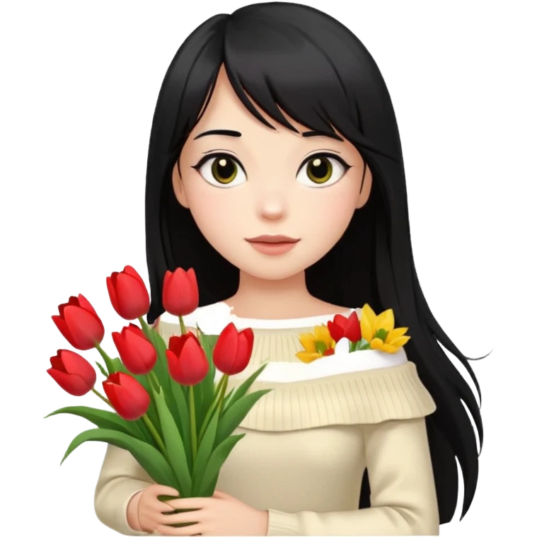 a girl with long black hair, thin bangs, black eyes, wearing a cream off-shoulder sweater, holding a bouquet of tulips, emoji style emoji