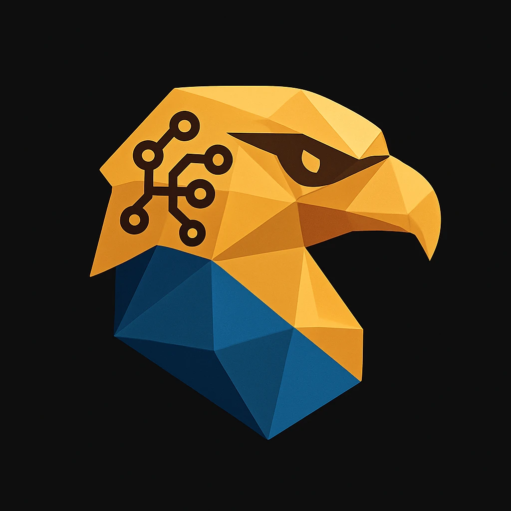 Create a mini icon version of the abstract eagle head logo in the same polygonal style and color palette. Make it compact and optimized for small sizes, adding a subtle AI element such as a digital brain pattern or neural network motif. Ensure the mini logo remains clean and recognizable. emoji