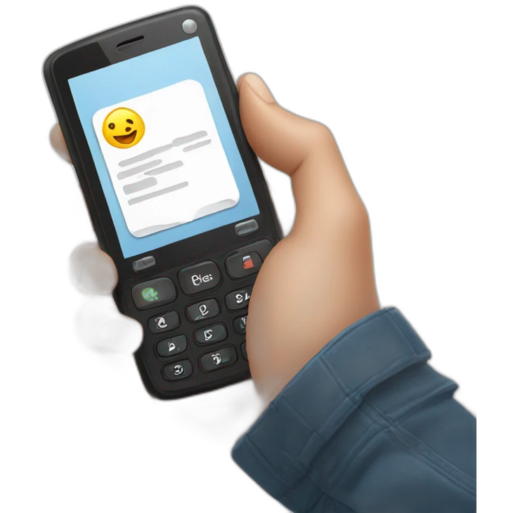 Hand holding a clamshell design flip phone and texting emoji