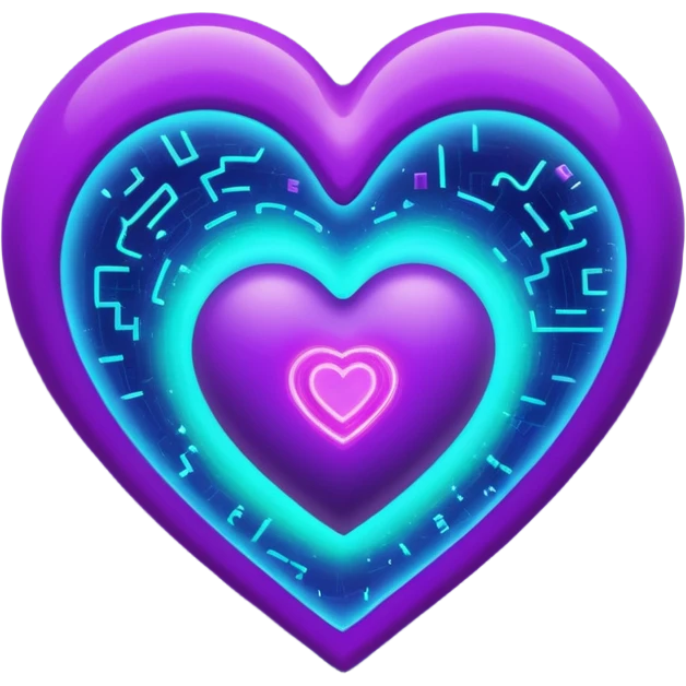 A glowing blue-to-purple neon heart with a small galaxy and green digital hacker code inside. Futuristic, gamer, magical, and powerful. 💚🌌🔥 emoji