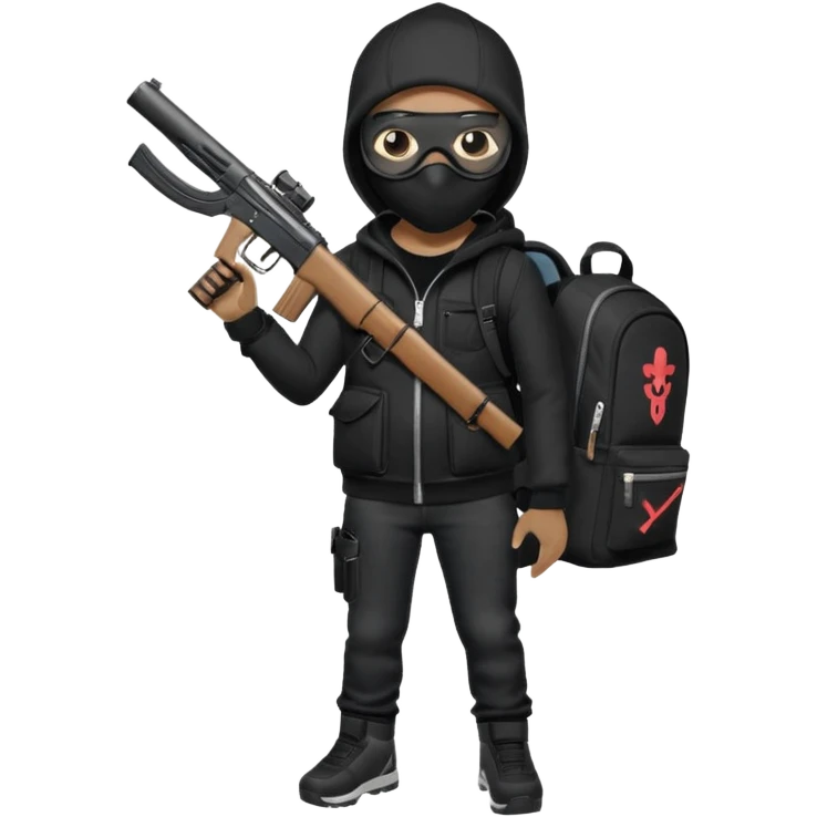 YN wearing a ski mask, holding a gun, black jeans, Sprayground bookbag, confident stance emoji