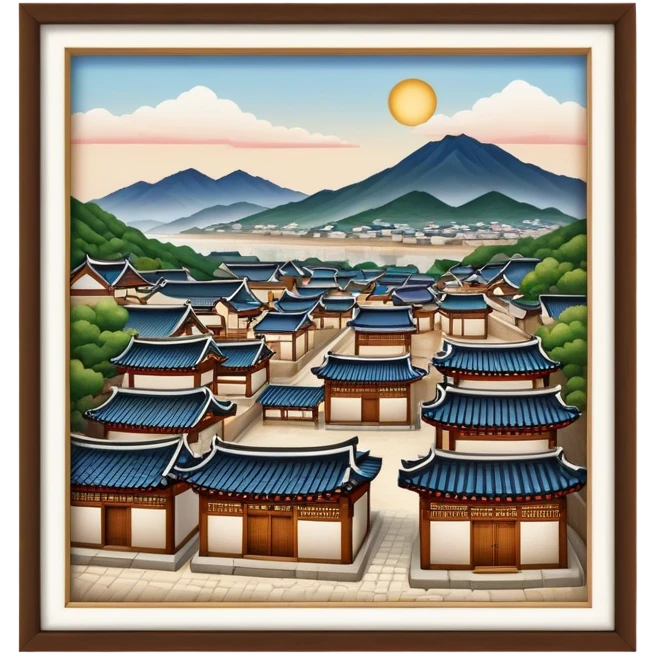 Cinematic Realistic Bukchon Hanok Village Landmark Emoji, depicted with traditional Korean houses set against a scenic backdrop rendered with detailed textures and warm, inviting lighting. emoji
