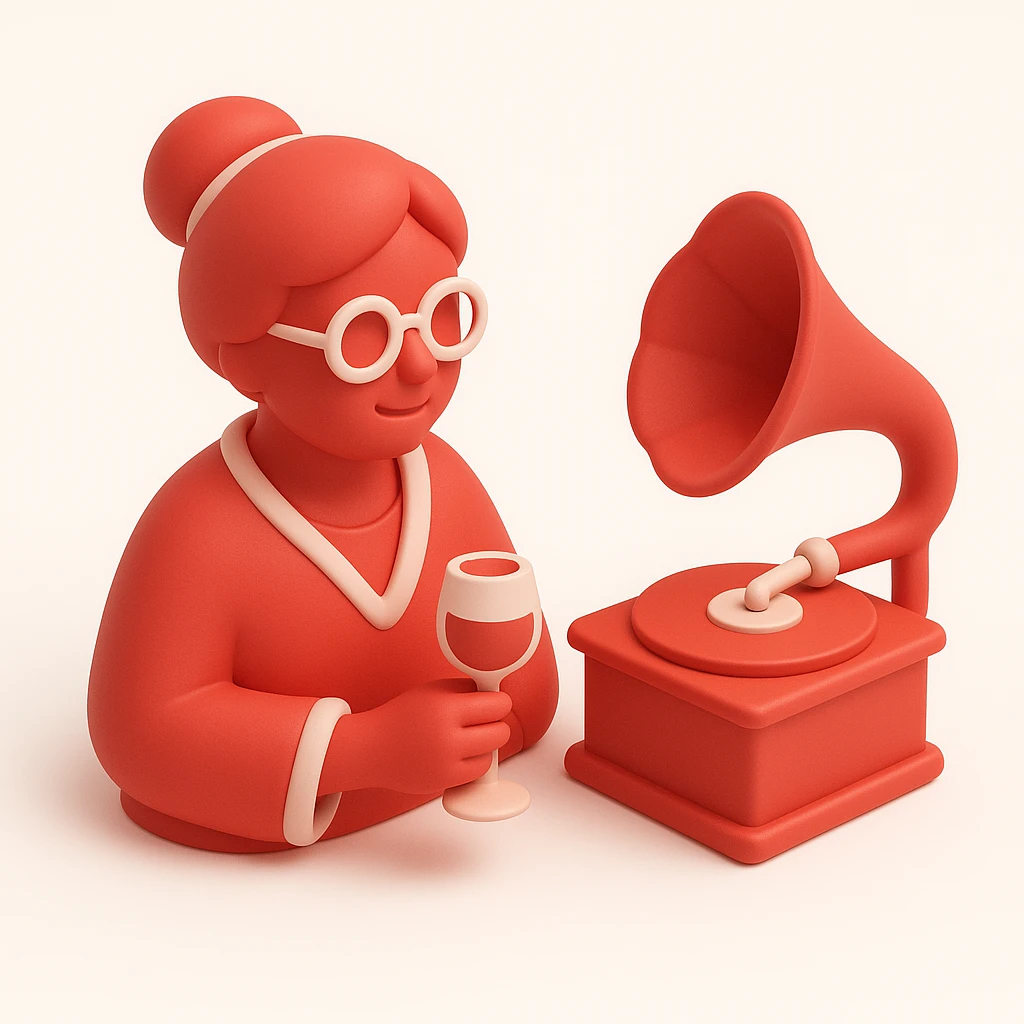 old lady with wineglass listening to gramophone emoji