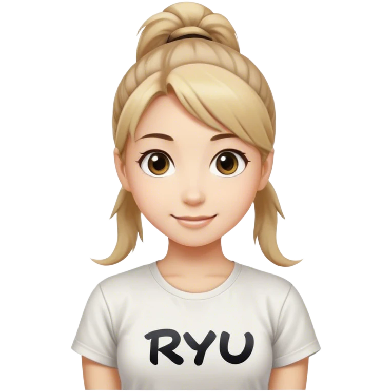 Beautiful girl smilling with big eyes, ponytail and "ryu" written on tshirt emoji