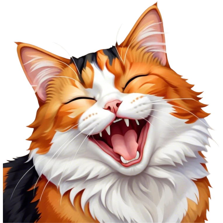 Cinematic Cute Yawning Calico Cat Portrait Emoji, Head tilted mid-yawn with a charming, relaxed expression, showcasing a soft patchwork fur of vibrant orange, black, and white, simplified yet irresistibly adorable, highly detailed, glowing with a cozy, gentle radiance, high shine, exuding sleepy yet endearing charm, styled with a soft glowing outline, capturing the essence of a calico cat caught in a delightful yawn that seems ready to cuddle up for a nap! emoji