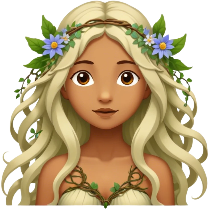 Cinematic Realistic Forest Nymph Fairy Portrait, depicted with lifelike, sun-kissed tanned skin that radiates an earthy glow, softly illuminated by natural, dappled light. Her long, flowing hair is intricately detailed and interwoven with delicate vines and wildflowers, while her deep, soulful eyes mirror the wisdom of the forest. Dressed in an attire inspired by nature’s palette—with subtle botanical motifs—the portrait exudes a soft, enchanted glow that melds realism with woodland magic. emoji