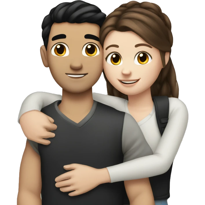 Brown-haired white girl hug white boy with black hair with pony-tail emoji